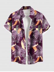 Plus Size Flowers Leaf Print Buttons Pocket Hawaii Shirt For Men - Pourpre  L