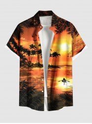 Plus Size Coconut Tree Bird Seascape Print Buttons Pocket Hawaii Shirt For Men -  