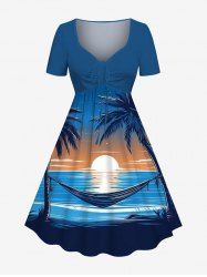 Robe hawaïenne cintrée grande taille à imprimé cocotier, soleil, paysage marin, vagues, hamac - Bleu Ciel 6X