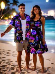 Tenue de plage hawaïenne assortie grande taille avec imprimé néon et inscription « Cocotier Sun Recorder » pour couples - Noir 