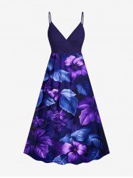 Plus Size Hibiscus Flowers Leaf Tropical Print Surplice Hawaii Cami Dress -  