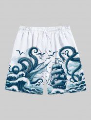 Plus Size Octopus Sailboat Sea Waves Bird Print Hawaii Cruise Drawstring Beach Shorts For Men -  