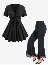 Glitter Twist Ribbed Geometric Flower Trim Neck Top and Lace Panel High Waisted Flare Pants Plus Size Outfit -  