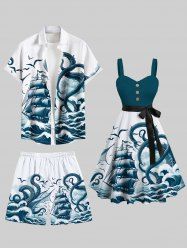 Octopus Sailboat Sea Waves Bird Print Plus Size Matching Hawaii Cruise Beach Outfit For Couples -  