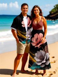 Flower Glitter Light Beam Print Plus Size Matching Hawaii Beach Outfit For Couples -  