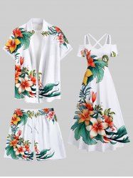 Tropical Leaf Flower Print Plus Size Matching Hawaii Beach Outfit For Couples -  