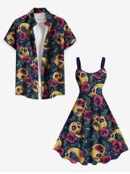 Skull Tropical Leaf Hibiscus Flower Print Plus Size Matching Hawaii Beach Outfit For Couples -  