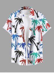 Plus Size Colorful Coconut Tree Print Hawaii Button Pocket Shirt For Men -  