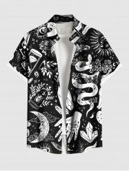 Plus Size Flower Snake Moon Cloud Hand Print Button Pocket Shirt For Men -  