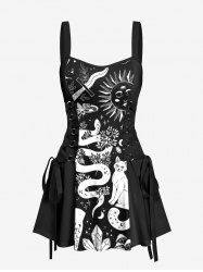 Floral Snake Sun Cat Hand Print Lace Up A Line Tank Dress -  
