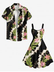 Tenue de plage hawaïenne assortie grande taille à imprimé floral et feuilles pour couples - Noir 