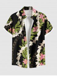 Plus Size Flower Leaf Branch Print Hawaii Button Pocket Shirt For Men -  