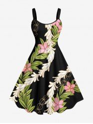 Plus Size Flower Leaf Branch Print Hawaii A Line Tank Dress -  