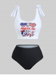 Plus Size Patriotic American Flag Heart Sunglasses Letters Print Tankini Swimsuit -  