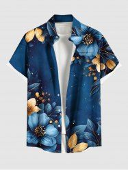 Plus Size Two Tone Hibiscus Flower Leaf Galaxy Print Hawaii Button Pocket Shirt For Men -  