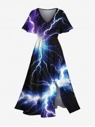 Plus Size Glitter Lightning Print Hawaii Split Pocket A Line Midi Dress -  