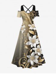 Robe longue hawaïenne grande taille à imprimé floral et feuilles d'hibiscus ombré, épaules dénudées, croisée, coupe trapèze - café 6X