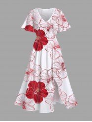 Plus Size Textured Hibiscus Flower Print Hawaii Split Pocket A Line Midi Dress -  