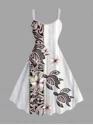 Plus Size Flower Turtle Ethnic Print Hawaii A Line Tank Dress -  