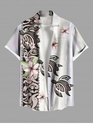 Chemise hawaïenne à imprimé ethnique tortue et fleurs, grande taille, avec poche boutonnée, pour homme - Blanc L