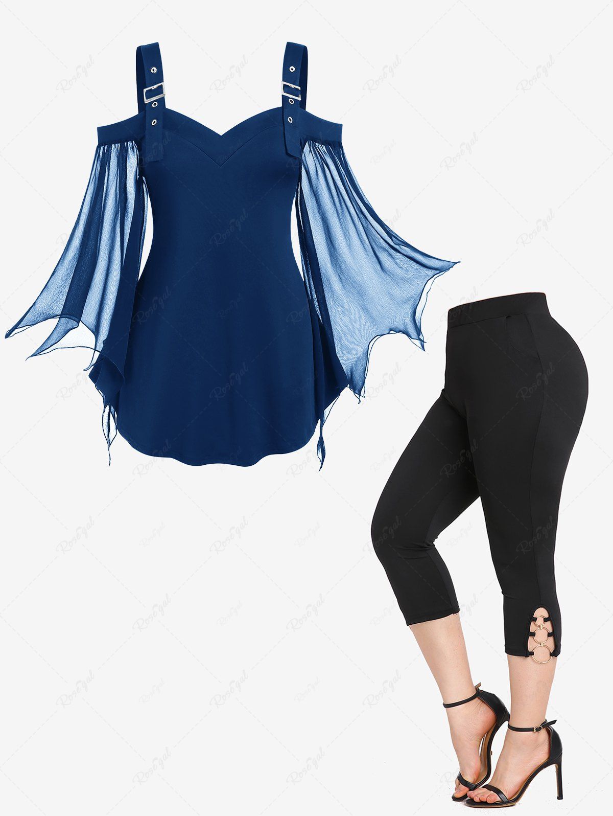 Sale Cold Shoulder Mesh Bell Sleeves Top and O-rings Pockets Capri Leggings Plus Size Outfit  