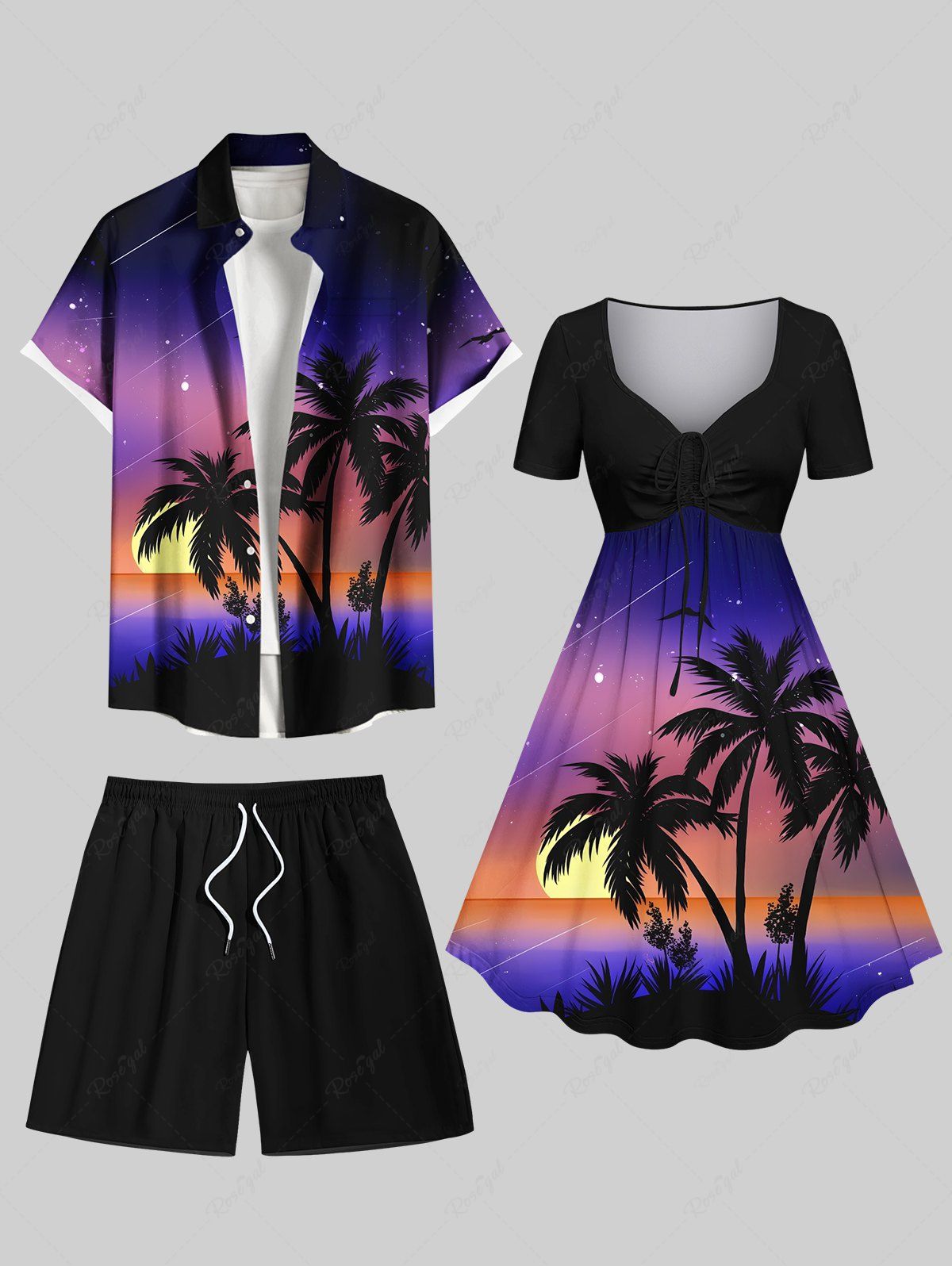 Tenue de plage hawaïenne assortie grande taille à imprimé ombré cocotier, soleil et galaxie, pour couples Pourpre  