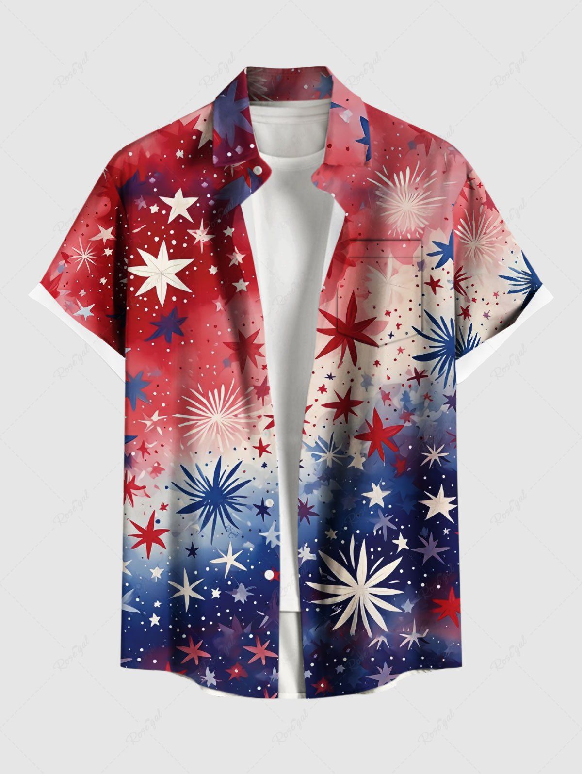 Chemise grande taille à imprimé drapeau américain patriotique et feux d'artifice, avec poches boutonnées et motif ombré, pour homme Rouge 6XL