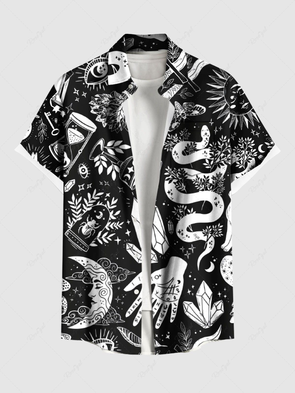 Latest Plus Size Flower Snake Moon Cloud Hand Print Button Pocket Shirt For Men  