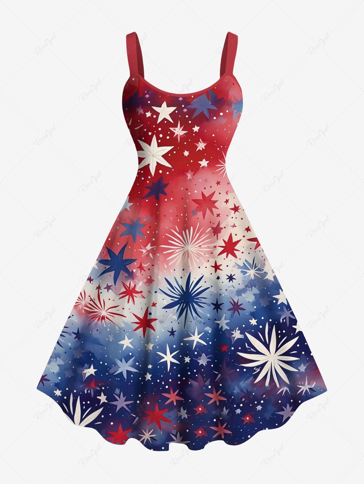 Sale Plus Size Tie Dye Ombre Patriotic American Flag Fireworks Print A Line Tank Dress  