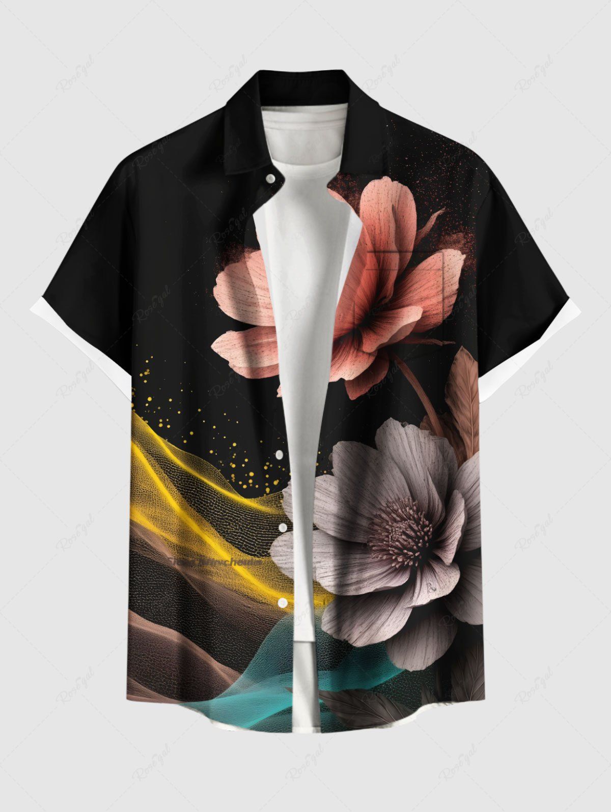 Unique Plus Size Floral Glitter Light Beam Print Hawaii Button Pocket Shirt For Men  