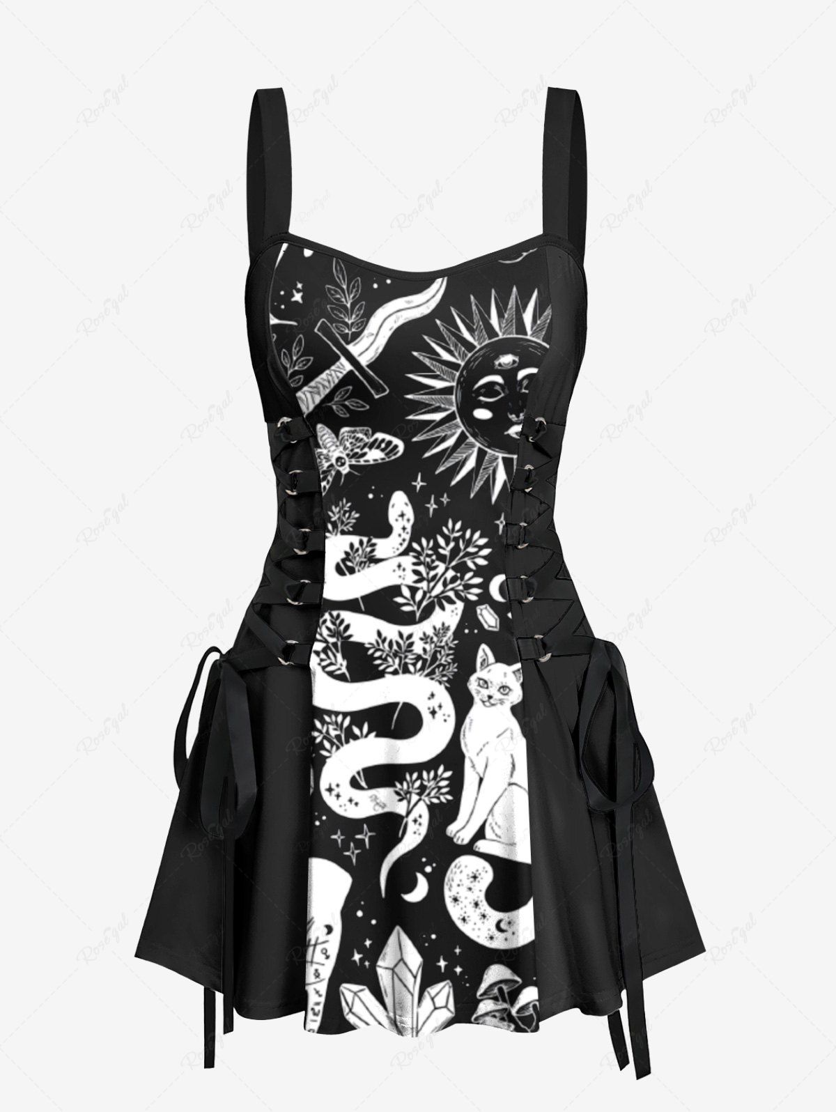 Unique Floral Snake Sun Cat Hand Print Lace Up A Line Tank Dress  