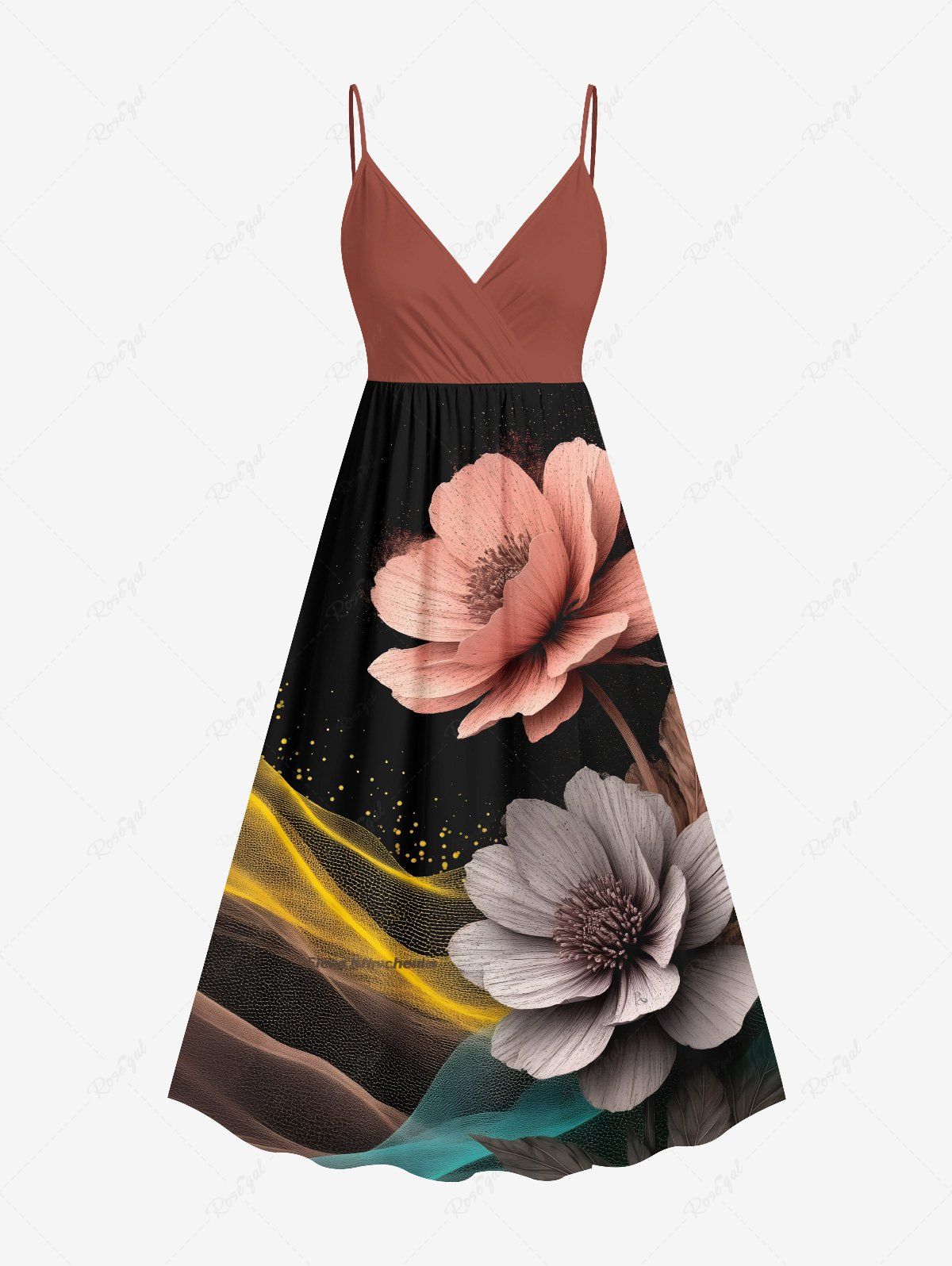 Outfits Plus Size Flower Glitter Light Beam Print Hawaii Surplice A Line Cami Dress  
