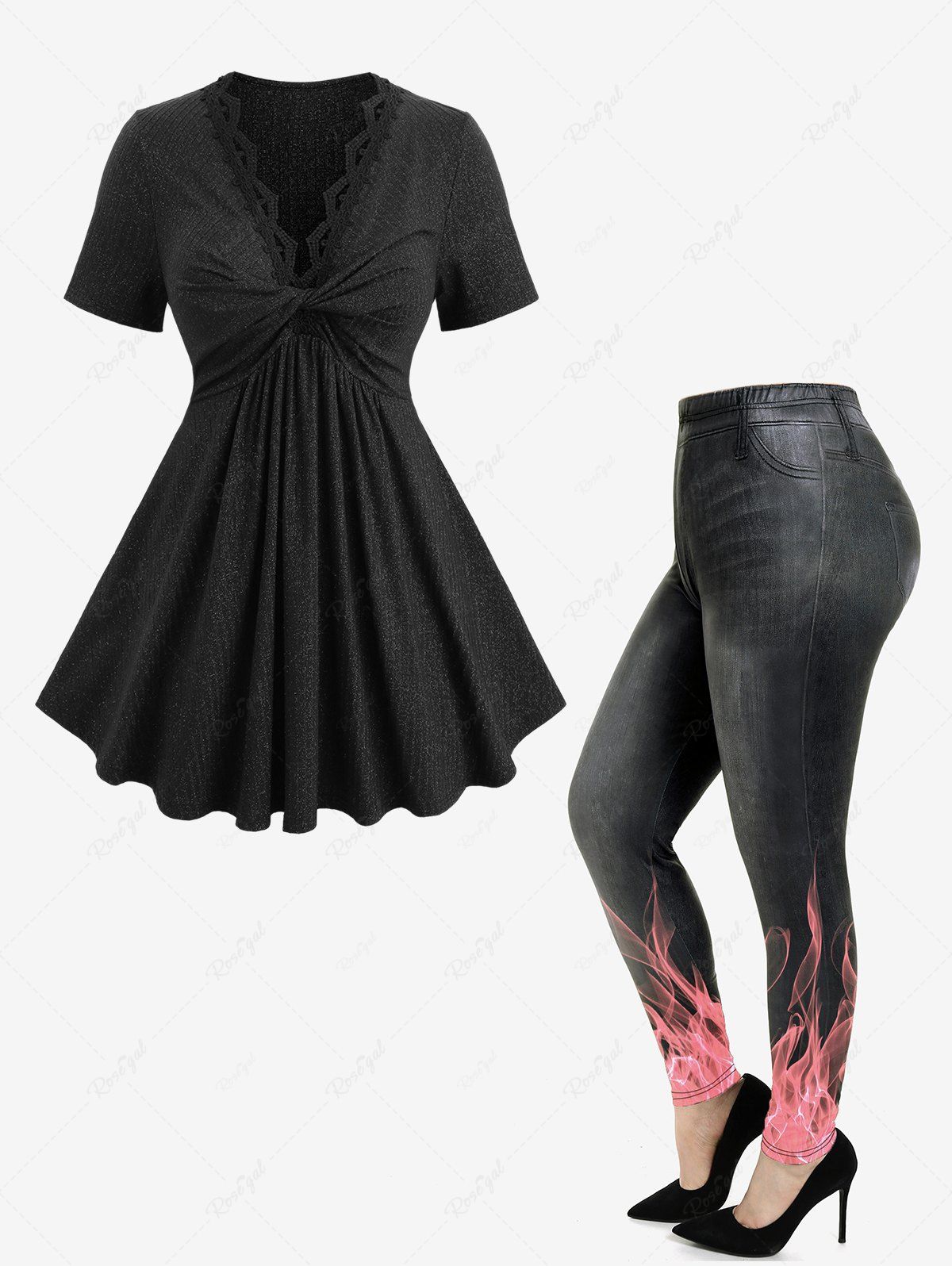 Buy Glitter Ribbed Twist Geometric Flower Trim Neck Top and 3D Jeans Flame Print Leggings Plus Size Outfit  