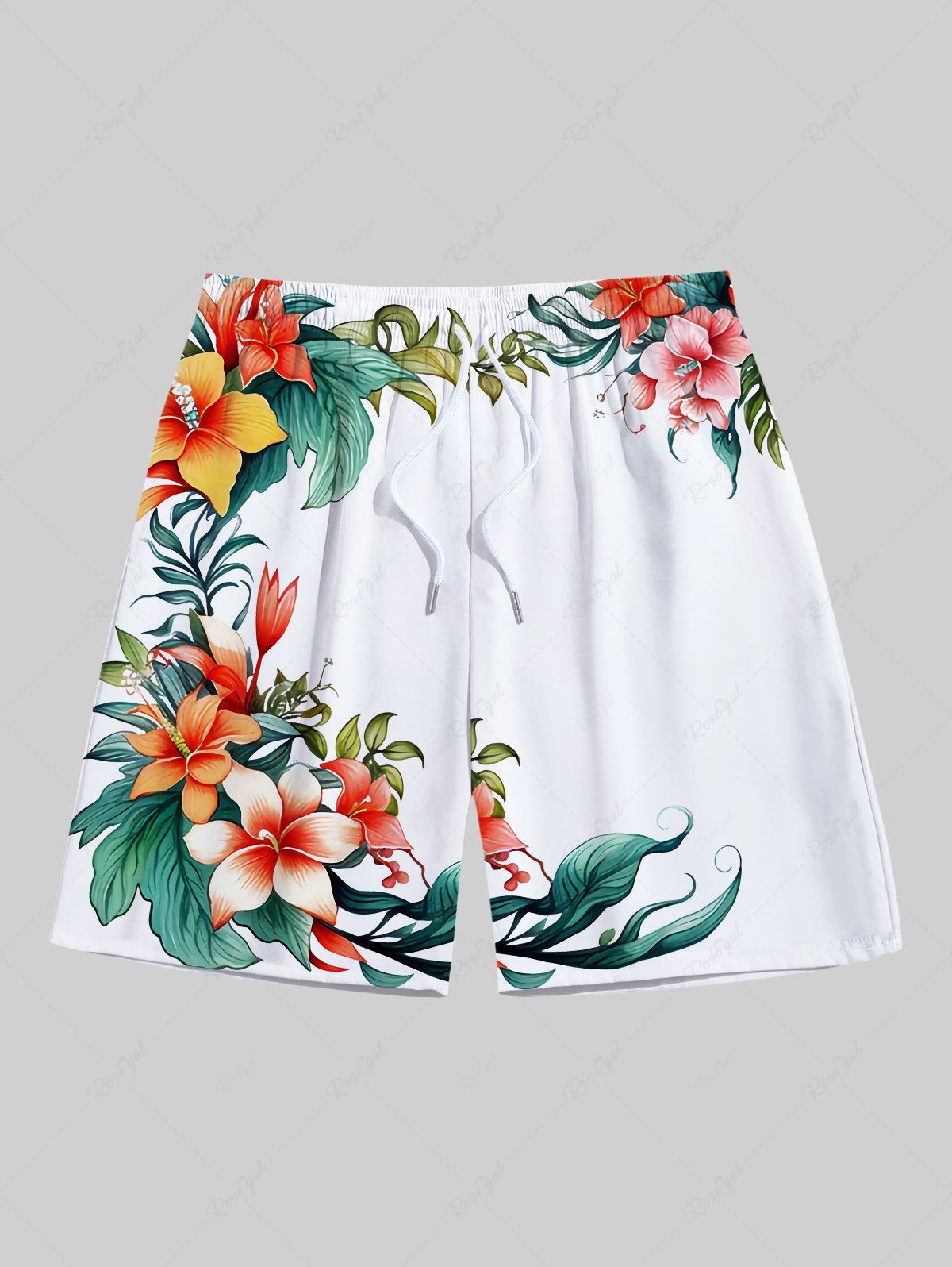 Affordable Plus Size Tropical Leaves Floral Print Hawaii Drawstring Beach Shorts For Men  