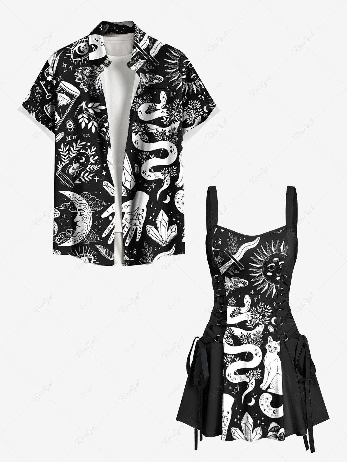 Online Flower Snake Sun Cat Hand Print Plus Size Matching Outfit For Couples  