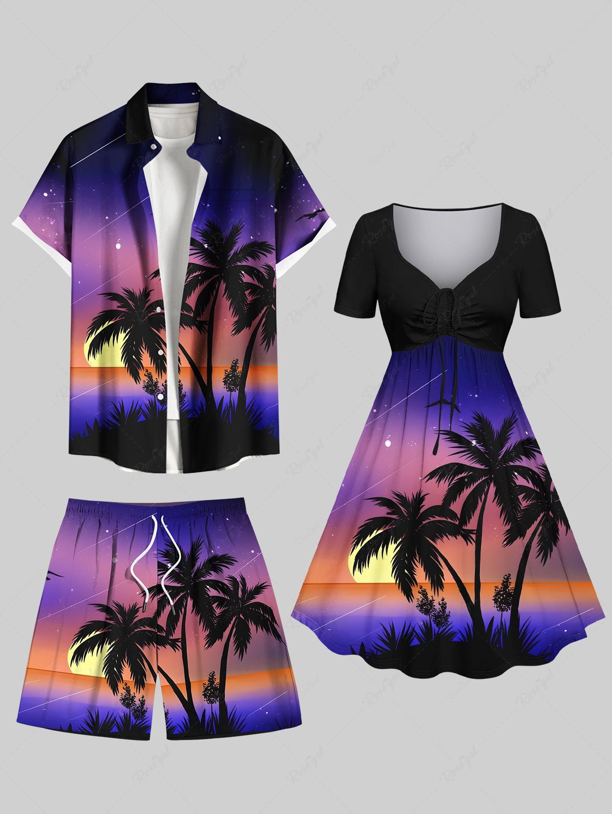 Tenue de plage hawaïenne assortie grande taille à imprimé ombré cocotier, soleil et galaxie, pour couples Pourpre  