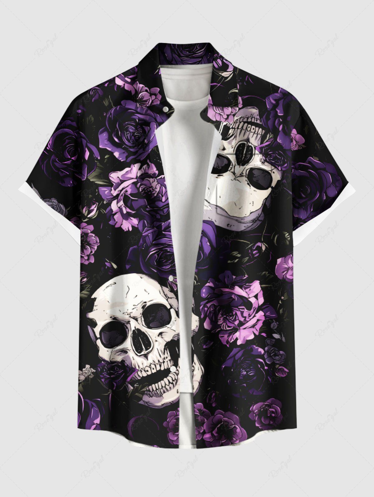 Chic Plus Size Skulls Rose Flower Print Buttons Pocket Hawaii Shirt For Men  