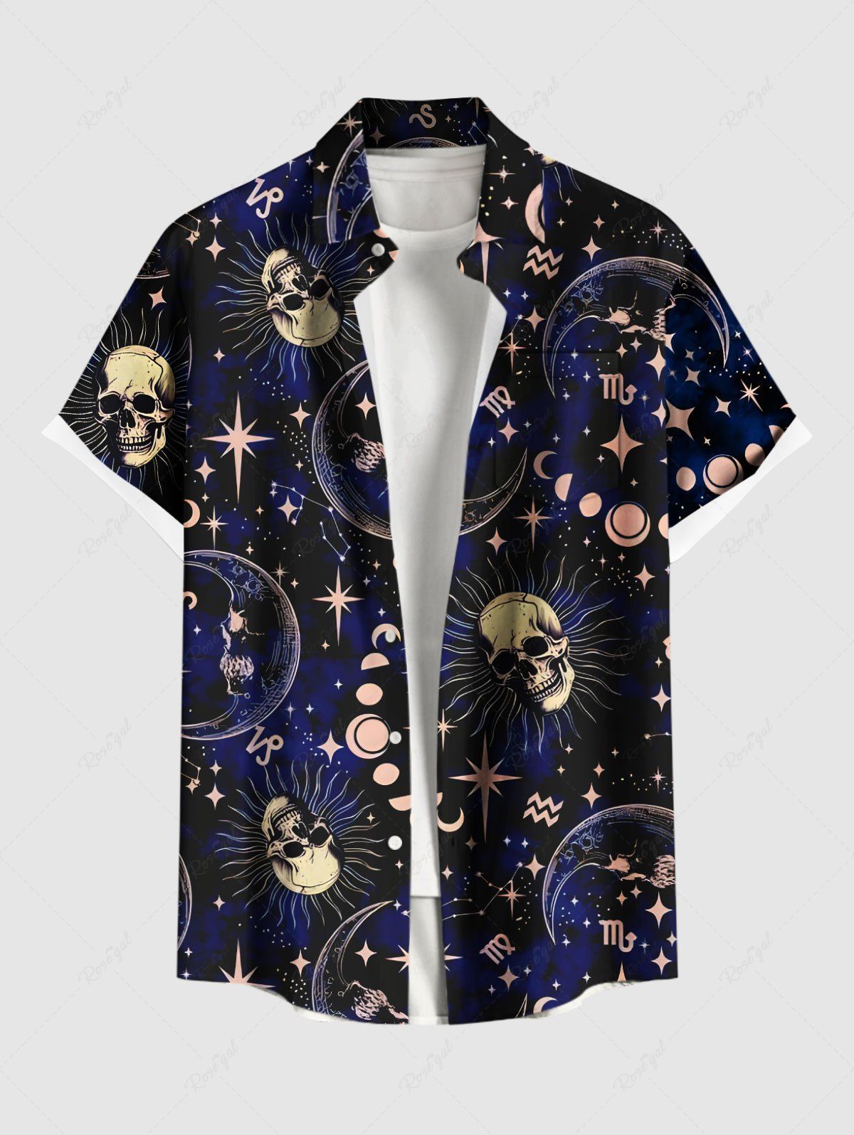 Fashion Plus Size Galaxy Skulls Moon Sun Star Print Buttons Pocket Hawaii Shirt For Men  