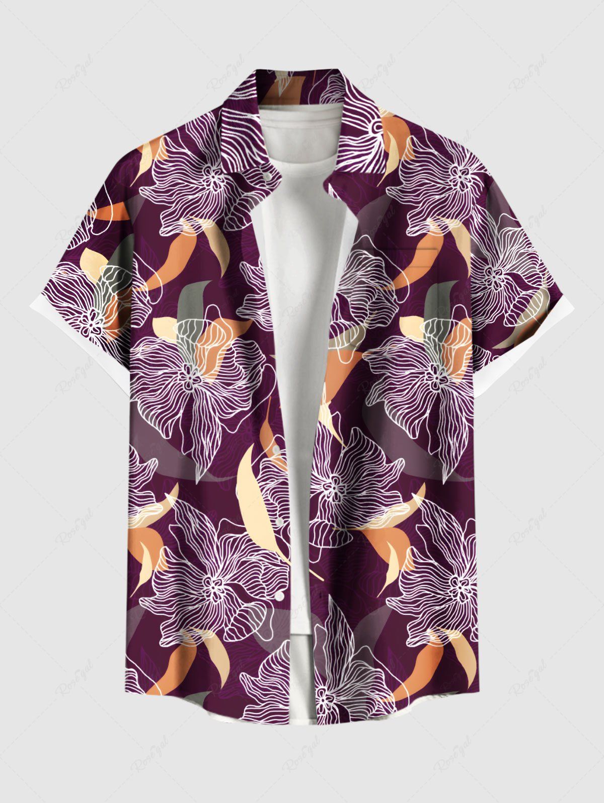 Best Plus Size Flowers Leaf Print Buttons Pocket Hawaii Shirt For Men  