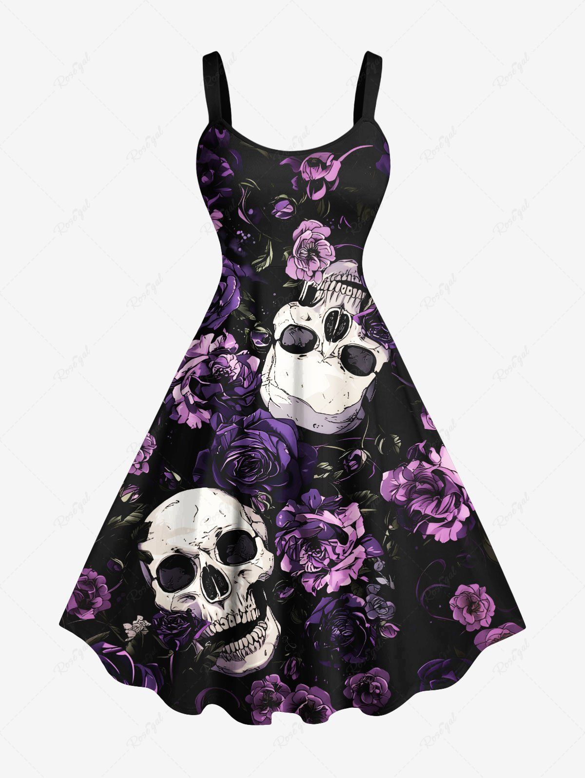 Outfits Plus Size Skulls Rose Flower Print Hawaii Tank Dress  