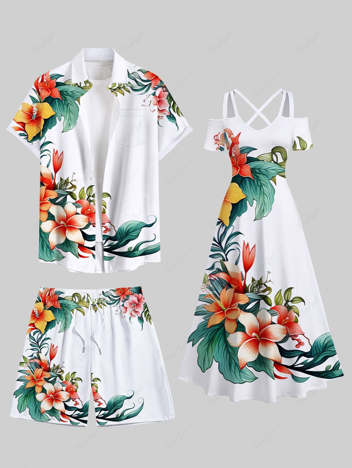 Fashion Tropical Leaf Flower Print Plus Size Matching Hawaii Beach Outfit For Couples  