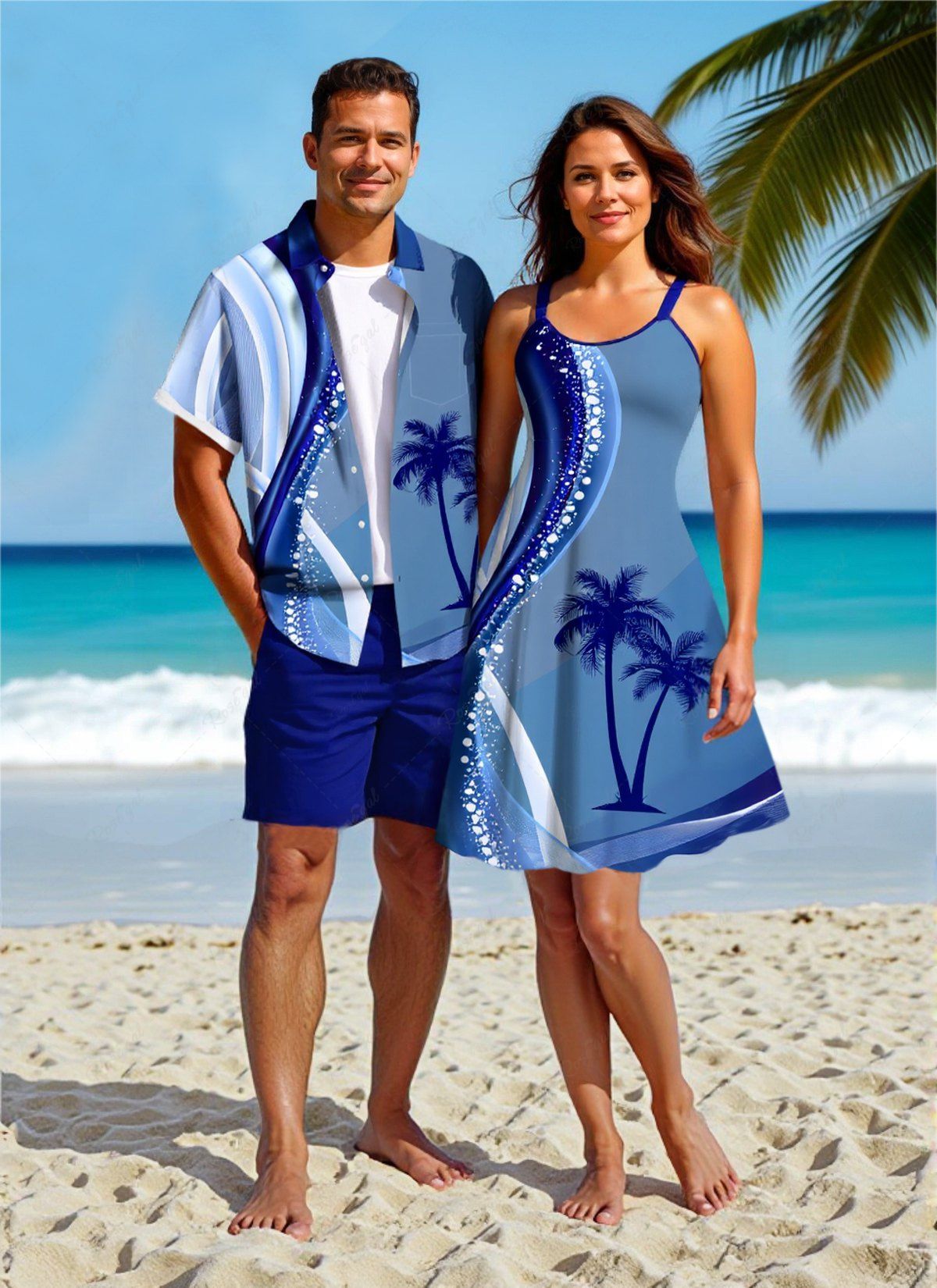 New Coconut Tree Curve Colorblock Print Plus Size Matching Hawaii Beach Outfit For Couples  