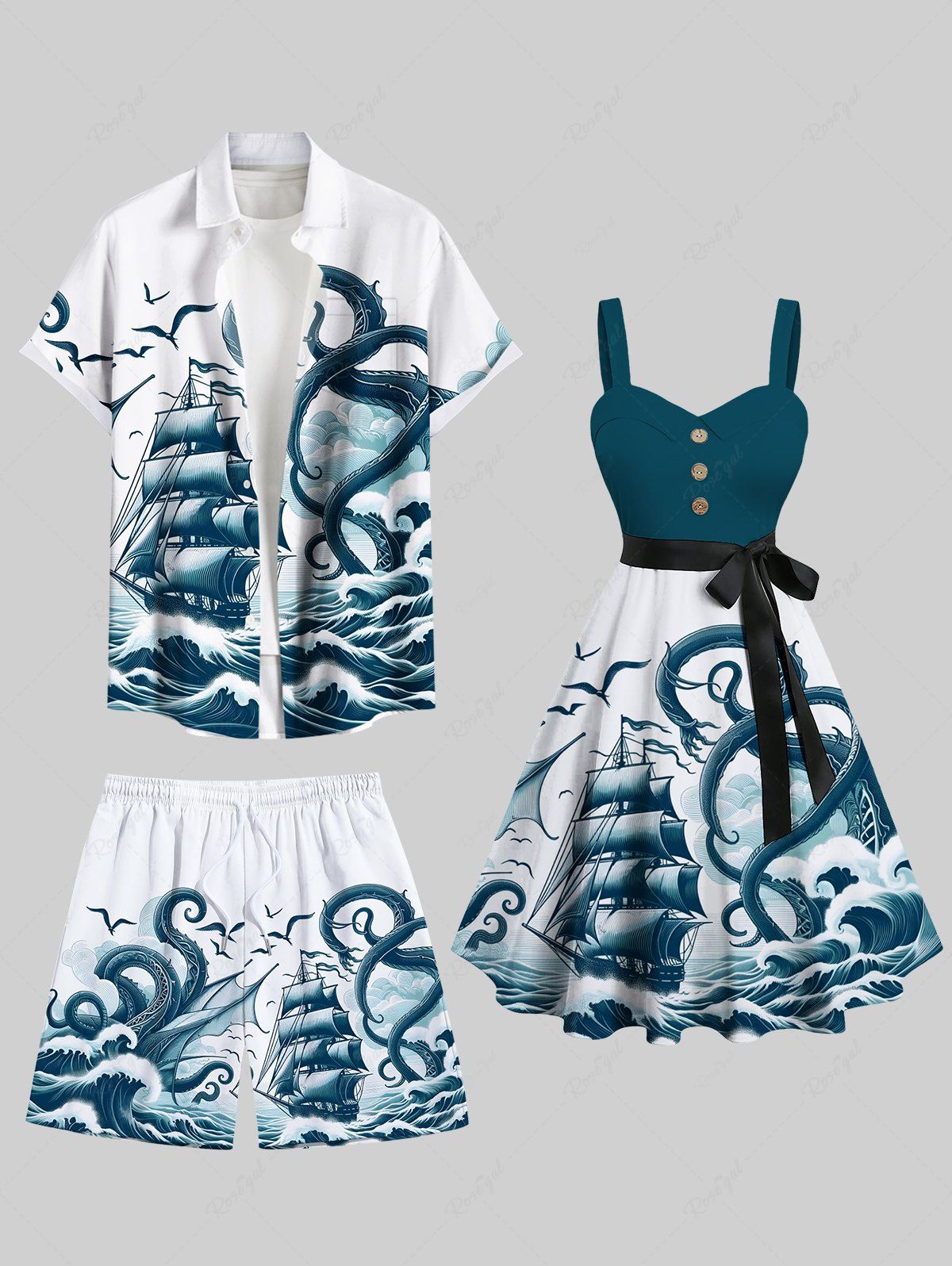 Discount Octopus Sailboat Sea Waves Bird Print Plus Size Matching Hawaii Cruise Beach Outfit For Couples  