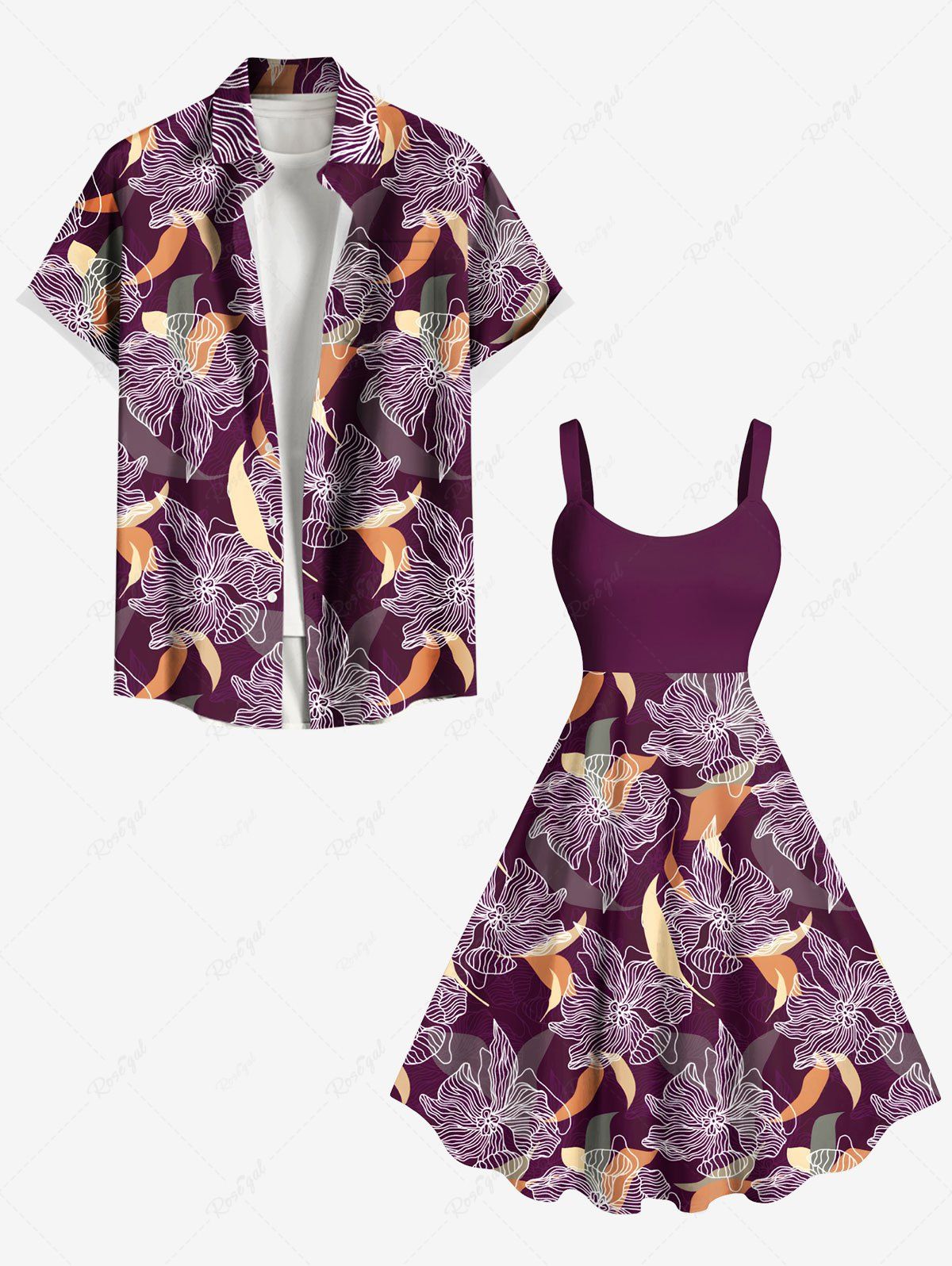Tenue de plage hawaïenne assortie grande taille à imprimé fleurs et feuilles pour couples Pourpre  
