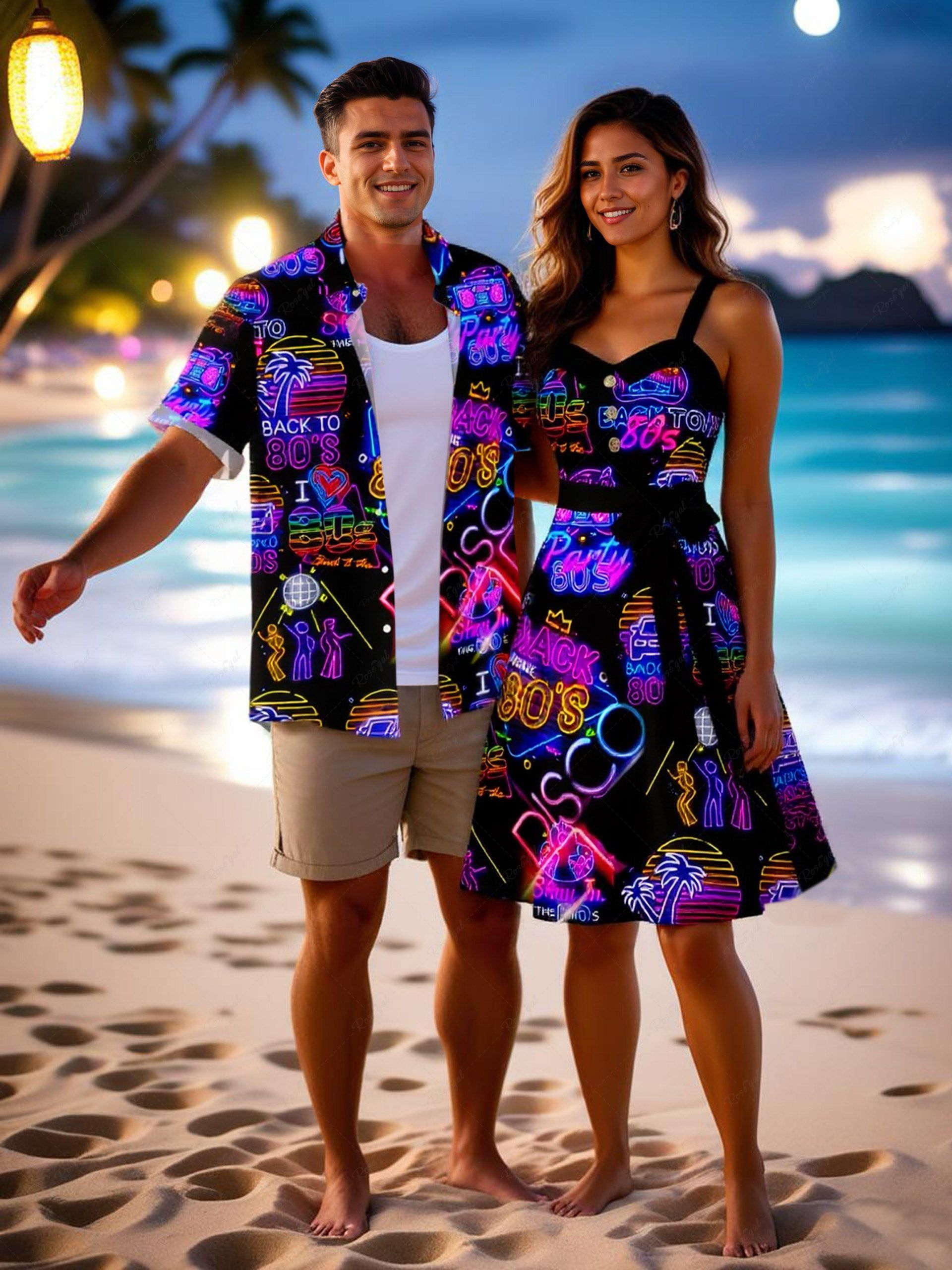 Tenue de plage hawaïenne assortie grande taille avec imprimé néon et inscription « Cocotier Sun Recorder » pour couples Noir 