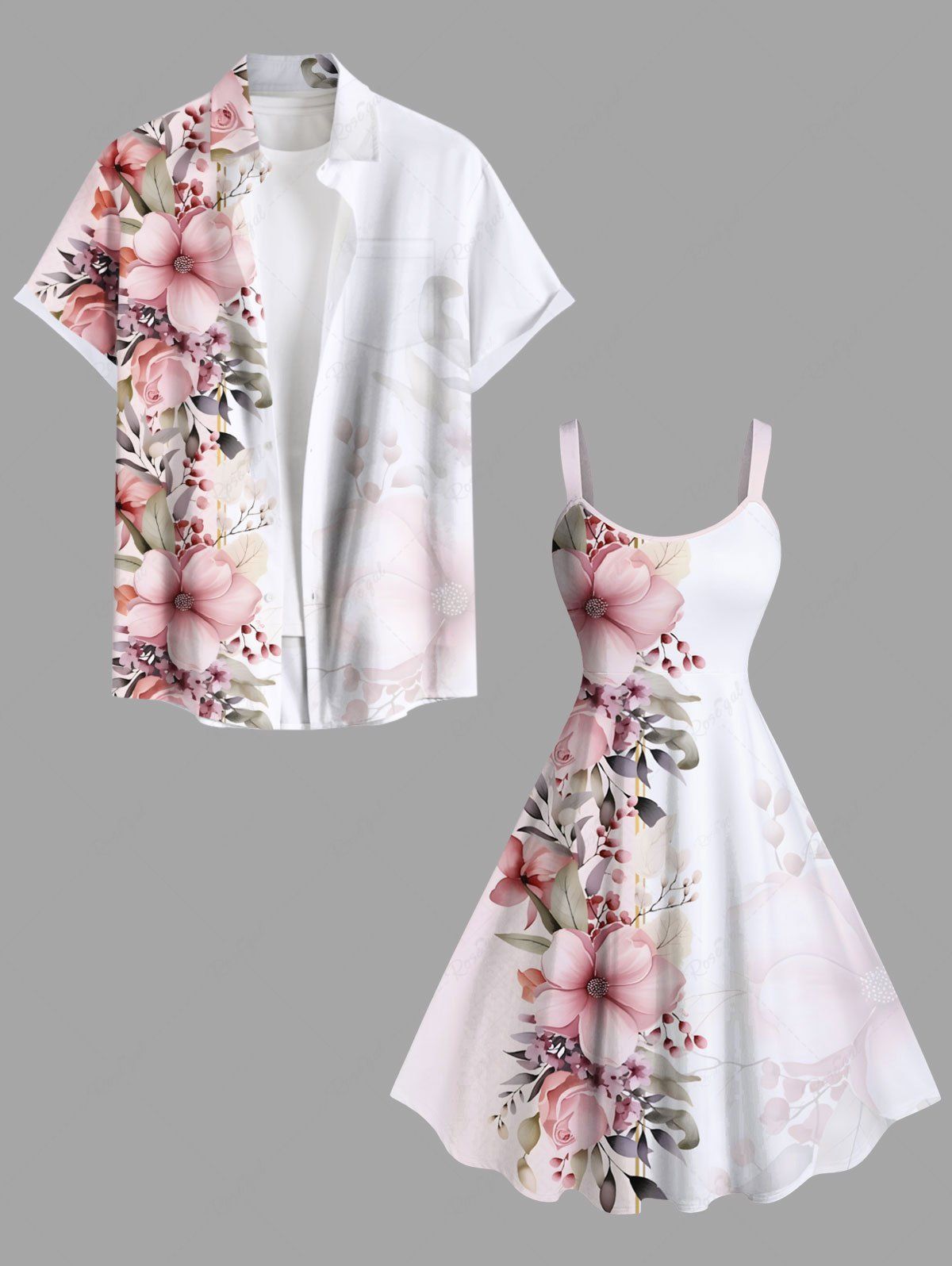 Hot Flowers Leaf Print Plus Size Matching Hawaii Beach Outfit For Couples  