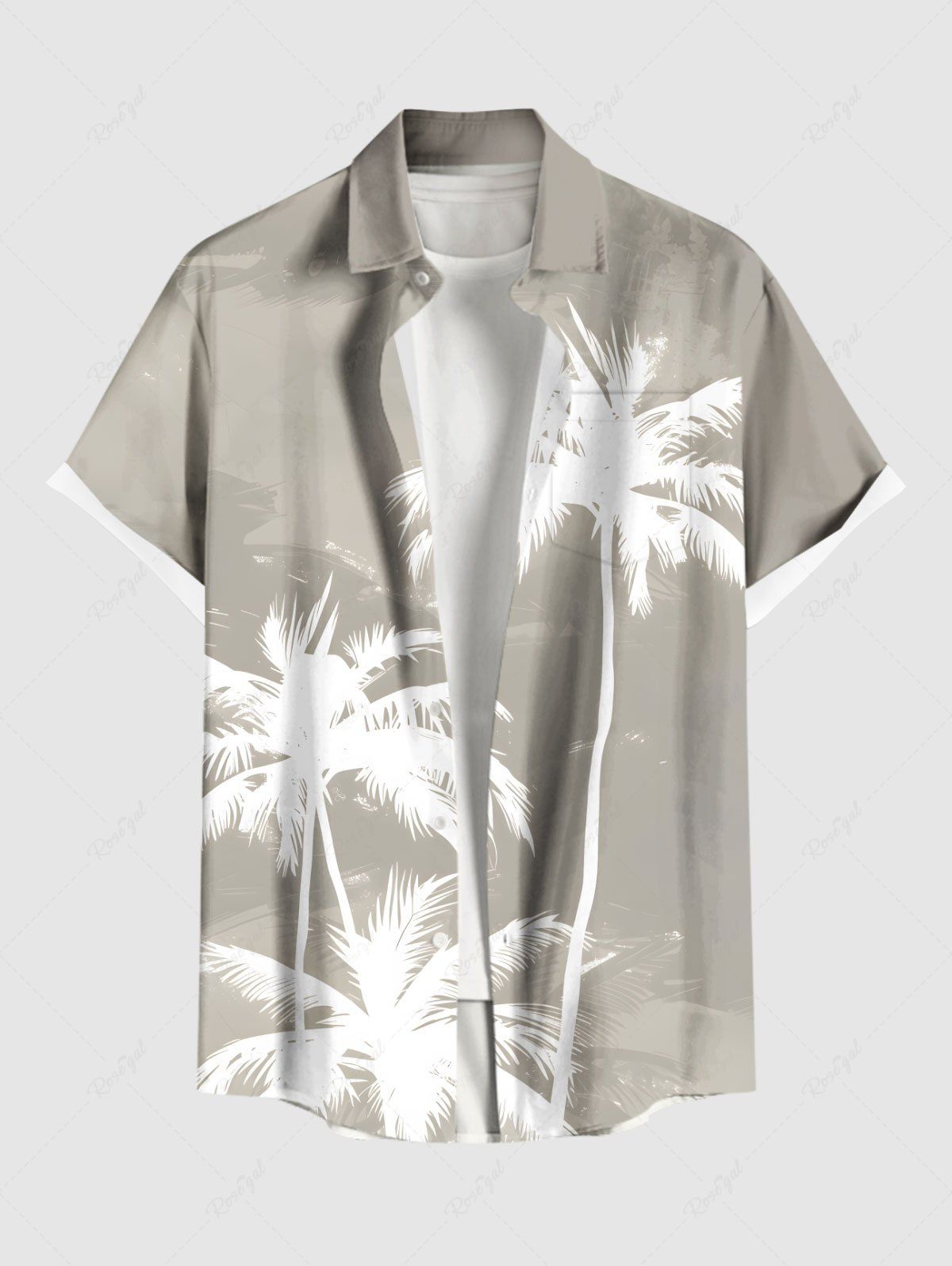 Chemise hawaïenne grande taille à imprimé cocotiers ombré et poches boutonnées pour homme Beige 3XL
