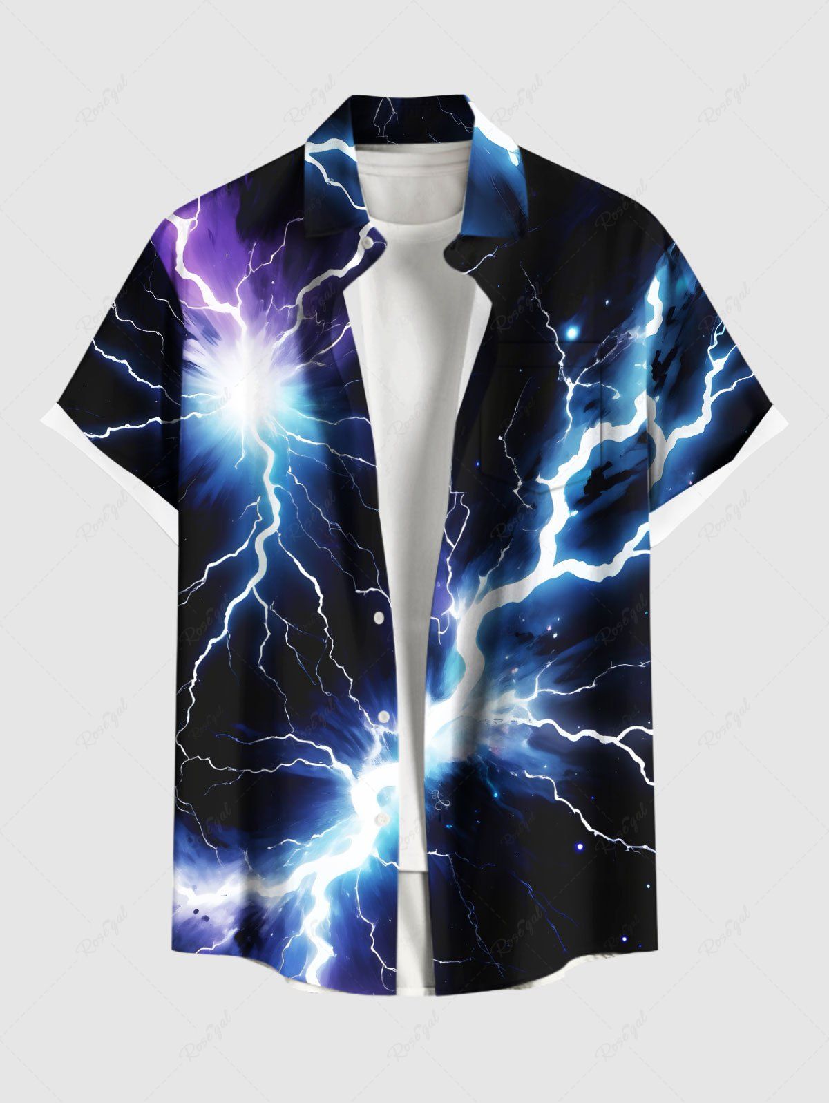 Chemise hawaïenne grande taille à imprimé éclairs pailletés et poches boutonnées pour homme Noir 4XL
