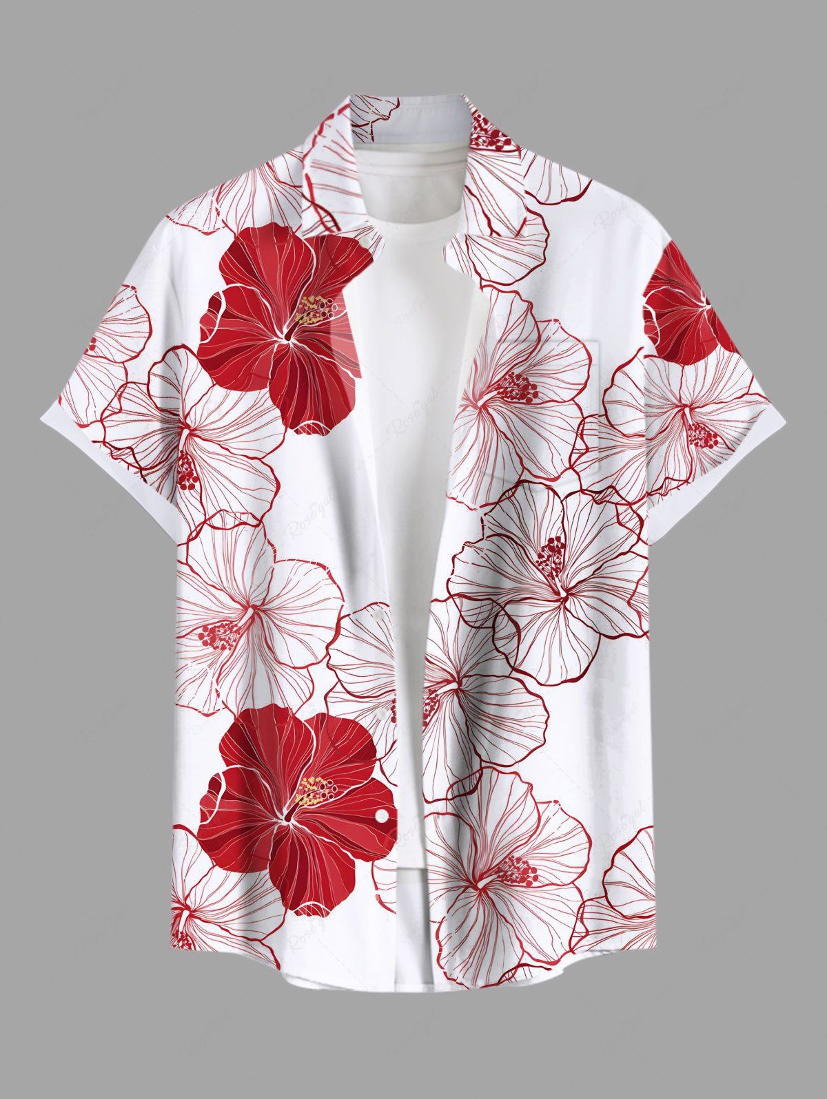 Discount Plus Size Textured Hibiscus Flower Print Hawaii Button Pocket Shirt For Men  