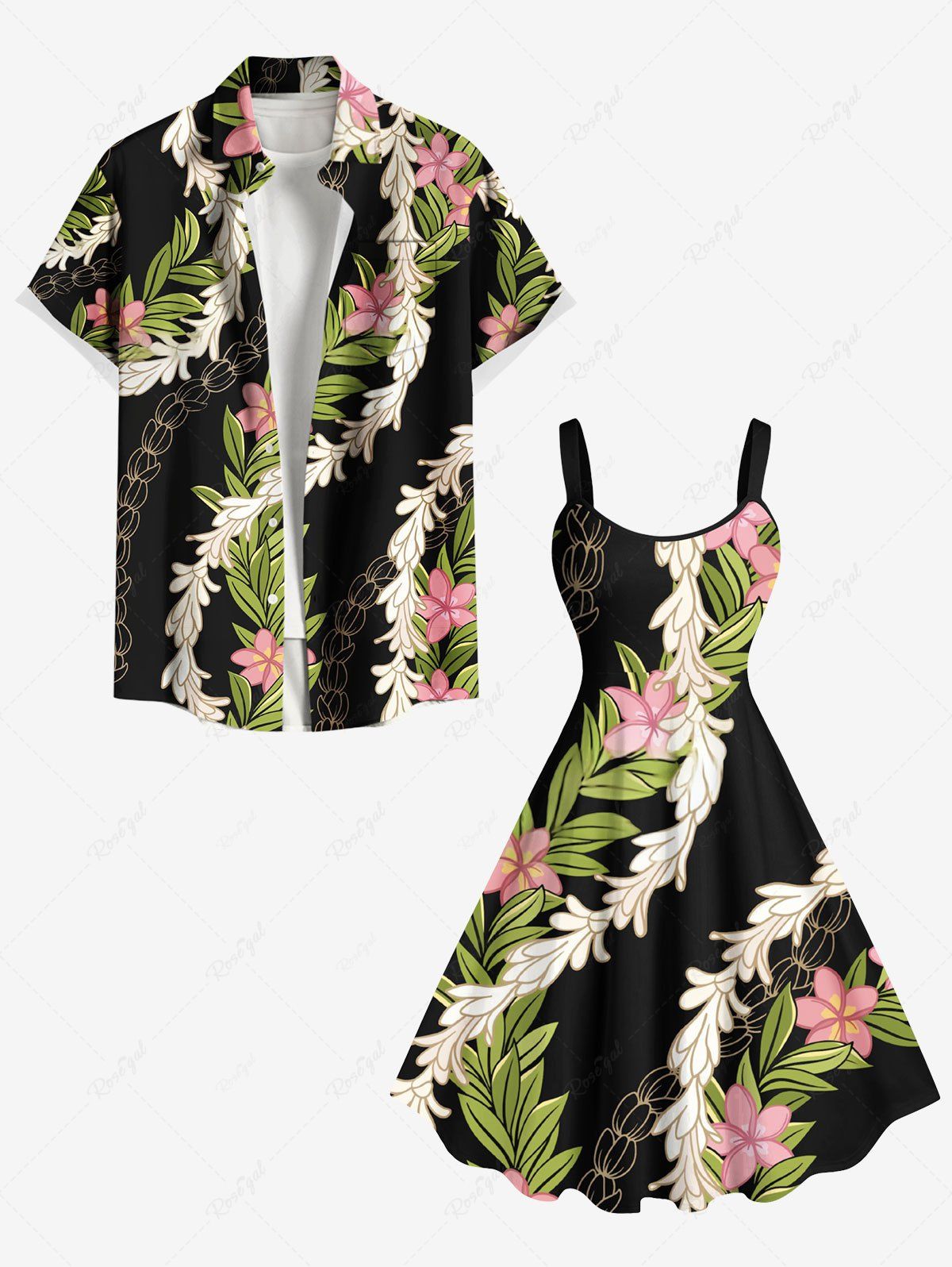 Tenue de plage hawaïenne assortie grande taille à imprimé floral et feuilles pour couples Noir 